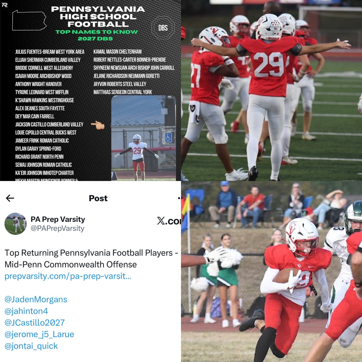 JCastillo2027's tweet photo. Absolute honor to be mentioned with these great PA players. Thank you @RallyPreps @PAPrepVarsity 
Staying Locked in for SR Season 🦅@coachoswalt @Coach_Astorino @CVHS_Football https://t.co/ey7fhe7p1d