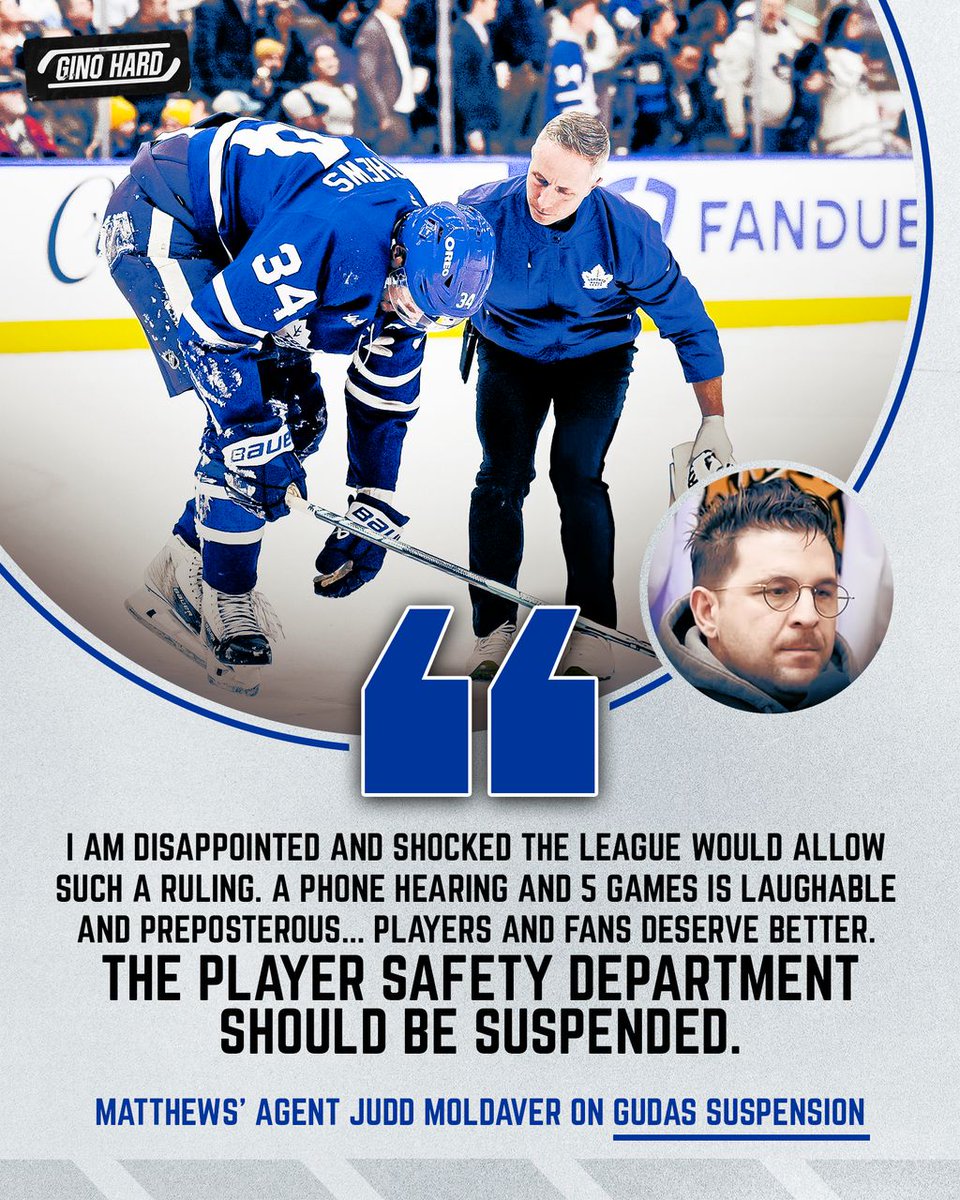 Auston Matthews' agent Judd Moldaver did NOT mince words regarding the suspension length for Radko Gudas 😳🫣

(via <a href="/FriedgeHNIC/">Elliotte Friedman</a>)