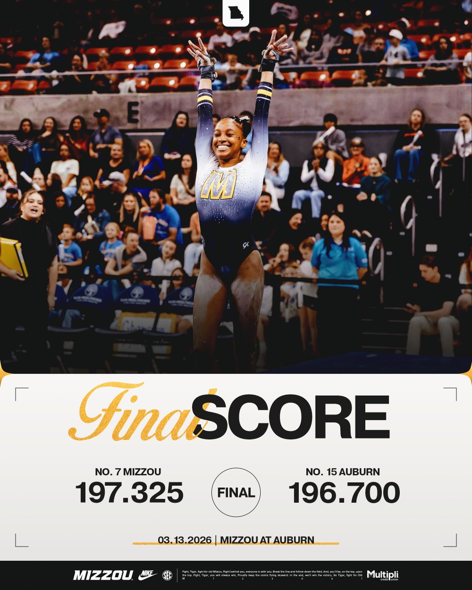 MizzouGym's tweet photo. First-ever win at Auburn to close the regular season ✨

#MIZ 🐯 https://t.co/9Kaz9OnFJL