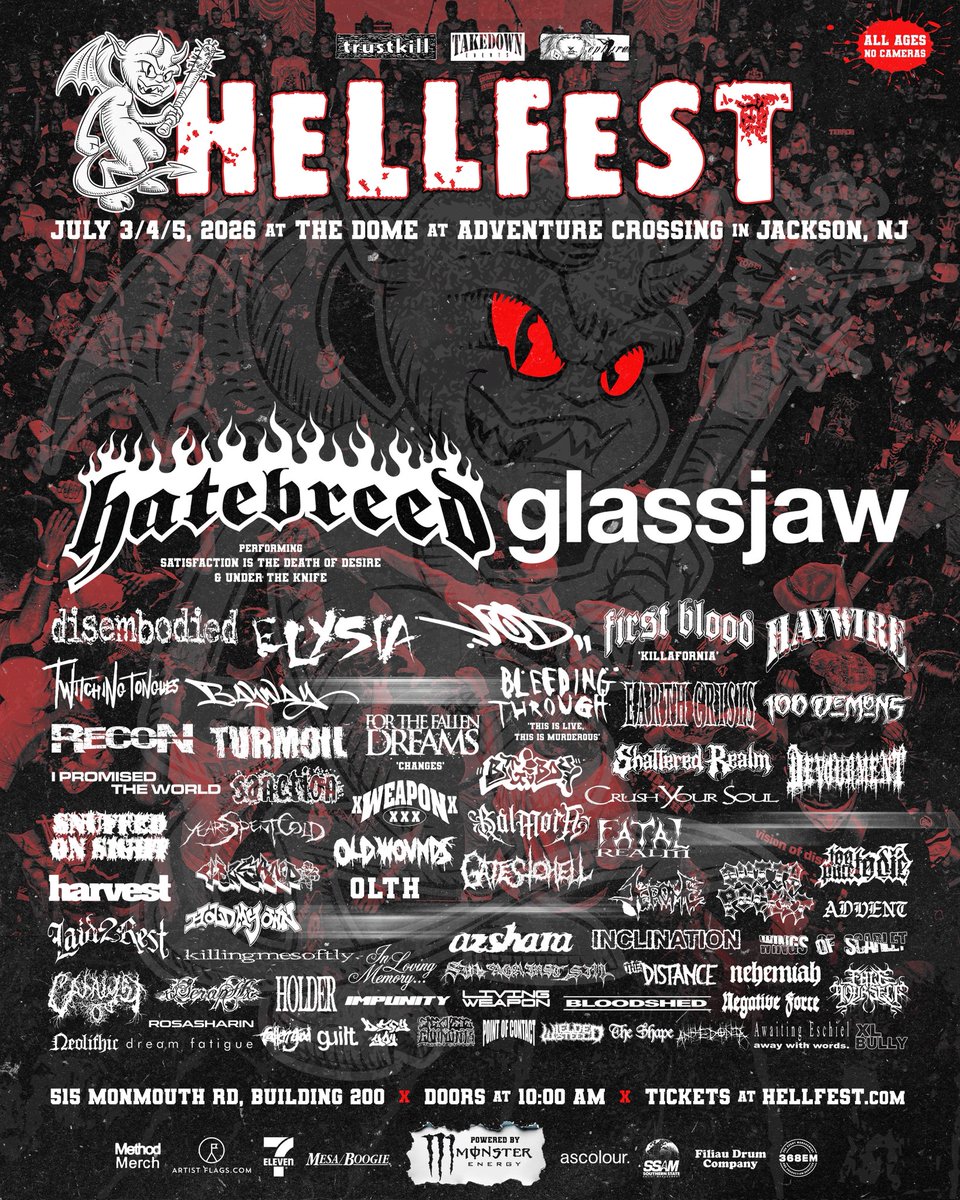 Hellfestdotcom's tweet image. ☠️ Hellfest is July 3/4/5, 2026 at The Dome at Adventure Crossing in Jackson, NJ and will feature Hatebreed, Glassjaw, VOD, Elysia, Disembodied, First Blood, Haywire, Twitching Tongues, Bayway, Bleeding Through + more.

🎟️ 3 day passes up now at ​Hellfest.com