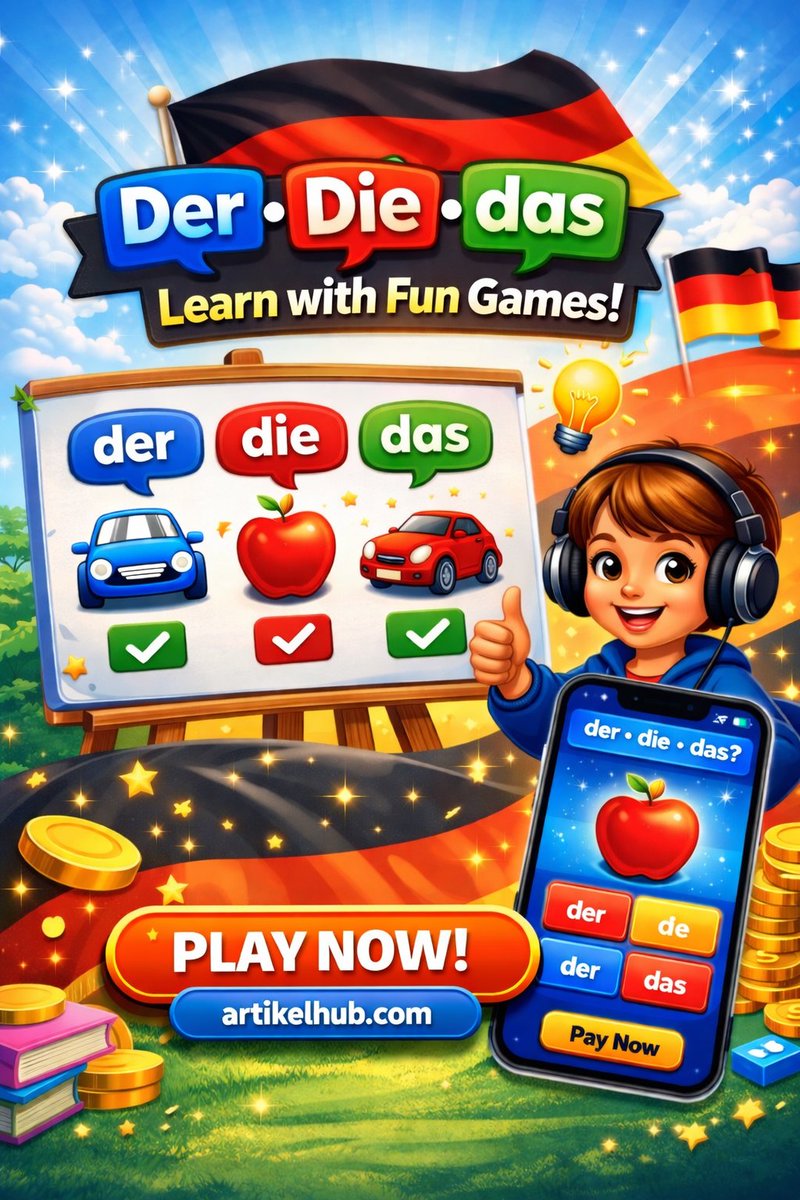 allesdeutsch5's tweet photo. 🇩🇪 Struggling with der • die • das?
🎮 Learn German articles with fun interactive games.
🚀 Improve your vocabulary faster and enjoy learning!
👉 Play now: https://t.co/tgYUyjMgTI

#LearnGerman #GermanLanguage #GermanVocabulary #DerDieDas #GermanArticles  #ArtikelHub https://t.co/W6n2HVinrZ