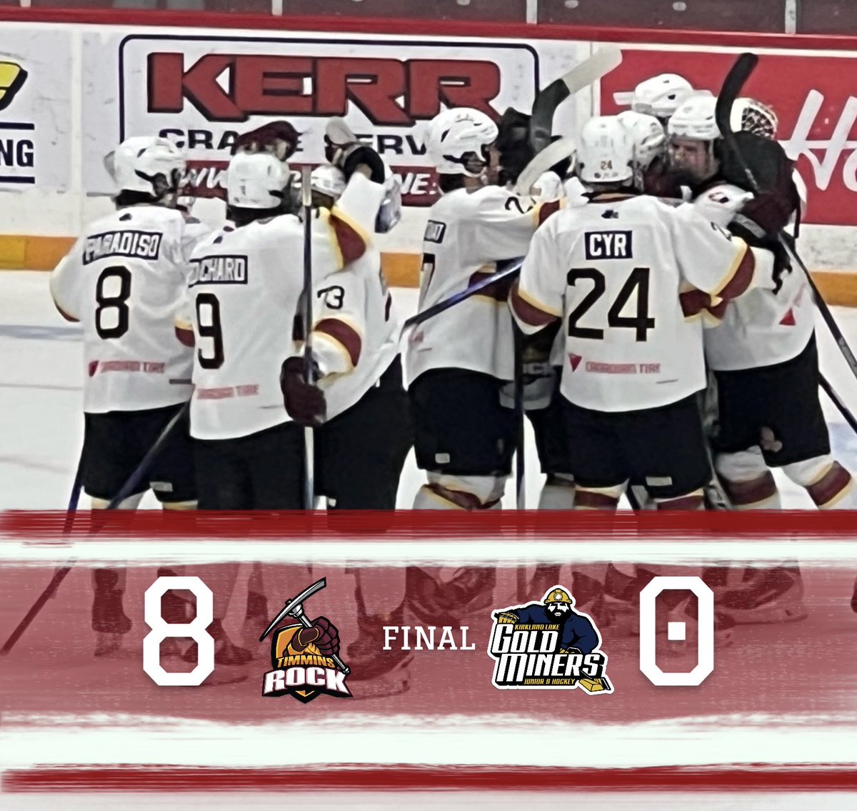 TimminsRock's tweet photo. 🚨ROCK WIN! 🔥
Evan Katic scores a hat trick, and Freddy Cousineau returns with a shutout performance as the Rock roll over the Gold Miners 8-0 on Friday night
Up next, a trip to Espanola on Saturday night to close out the regular season
#TwoMorePoints #NOJHL #GoRockGo https://t.co/gAZZpQZnQz