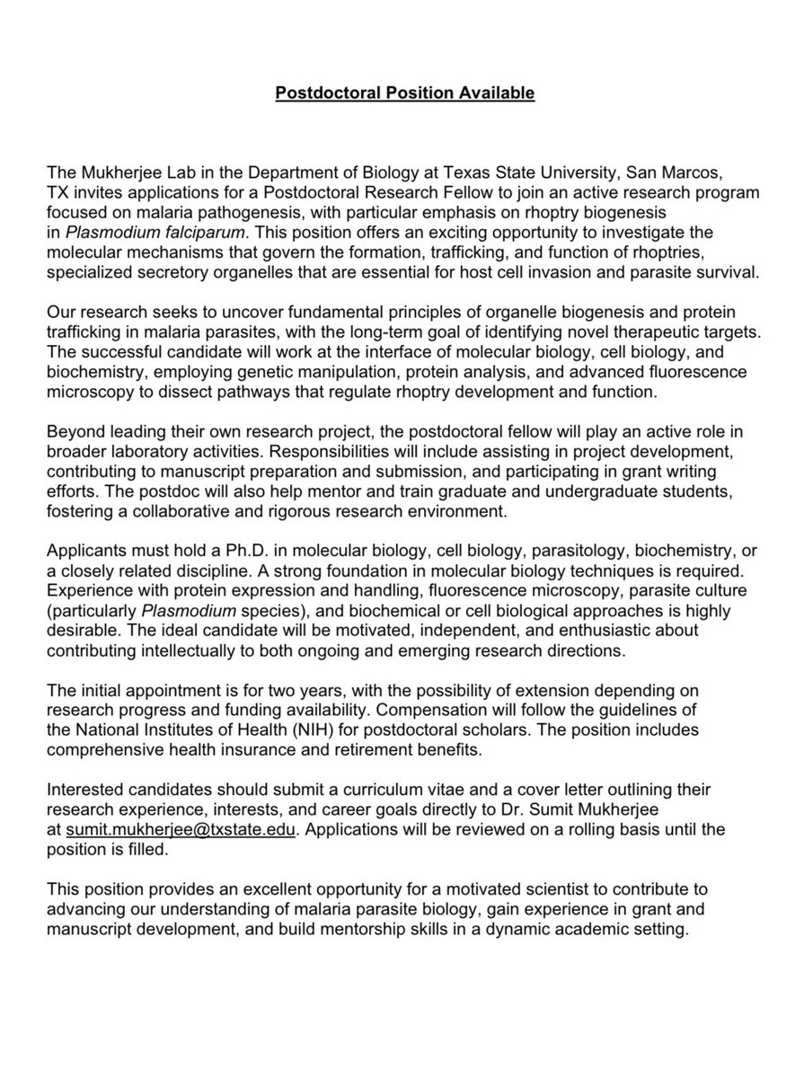 Sumit_WashU's tweet photo. Inviting applications for postdoctoral training in malaria pathogenesis in the Mukherjee pab at Texas State University https://t.co/jNyFyz09i0