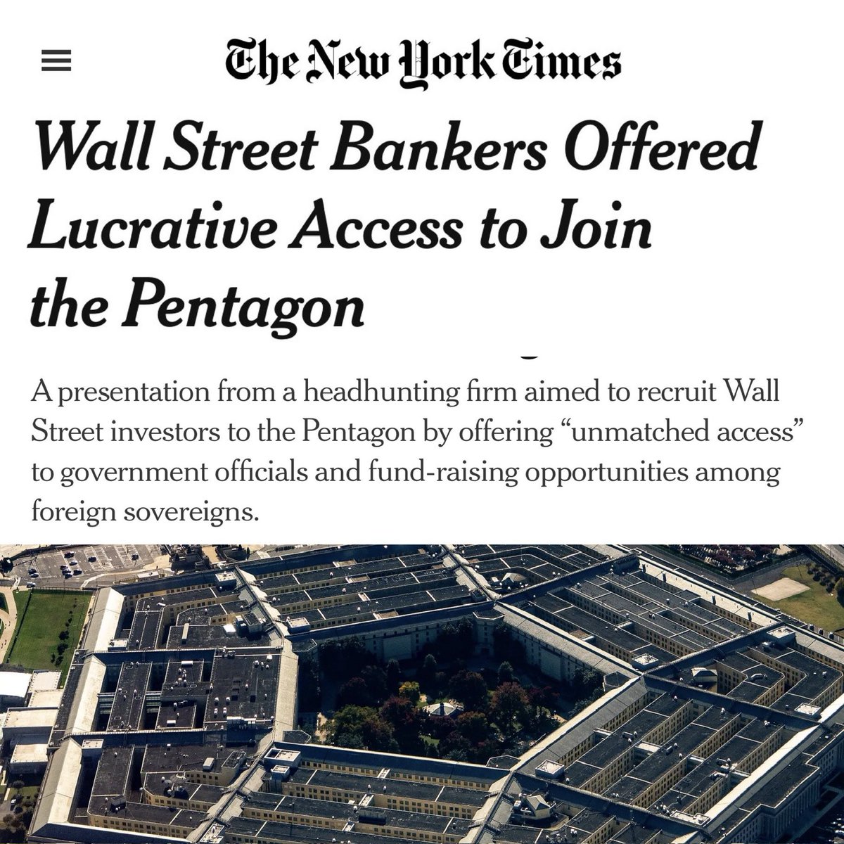 DarrigoMelanie's tweet photo. Trump’s Pentagon is recruiting Wall Street investment bankers by promising access to government officials and wealthy foreign royal families.

They are making corruption a job perk.

This is the most corrupt administration ever, and it’s not even close. https://t.co/NXbKHBtjOE