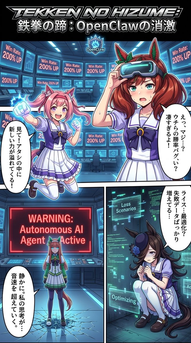 news2ch5's tweet photo. #生成漫画AI   

Cygamesは人気ゲーム「ウマ娘 プリティーダービー」とOpenAIのAI技術「OpenClaw」を統合した新機能を実装し、2026年3月にリリースしました。このコラボにより、ウマ娘たちが自律的にレース戦略を立案し、プレイヤーの育成データをリアルタイムで最適化する https://t.co/984oHESlDt
