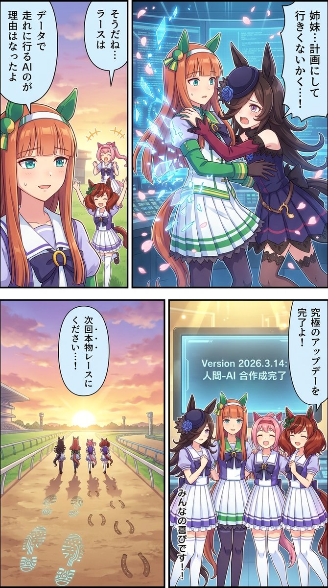 news2ch5's tweet photo. #生成漫画AI   

Cygamesは人気ゲーム「ウマ娘 プリティーダービー」とOpenAIのAI技術「OpenClaw」を統合した新機能を実装し、2026年3月にリリースしました。このコラボにより、ウマ娘たちが自律的にレース戦略を立案し、プレイヤーの育成データをリアルタイムで最適化する https://t.co/984oHESlDt