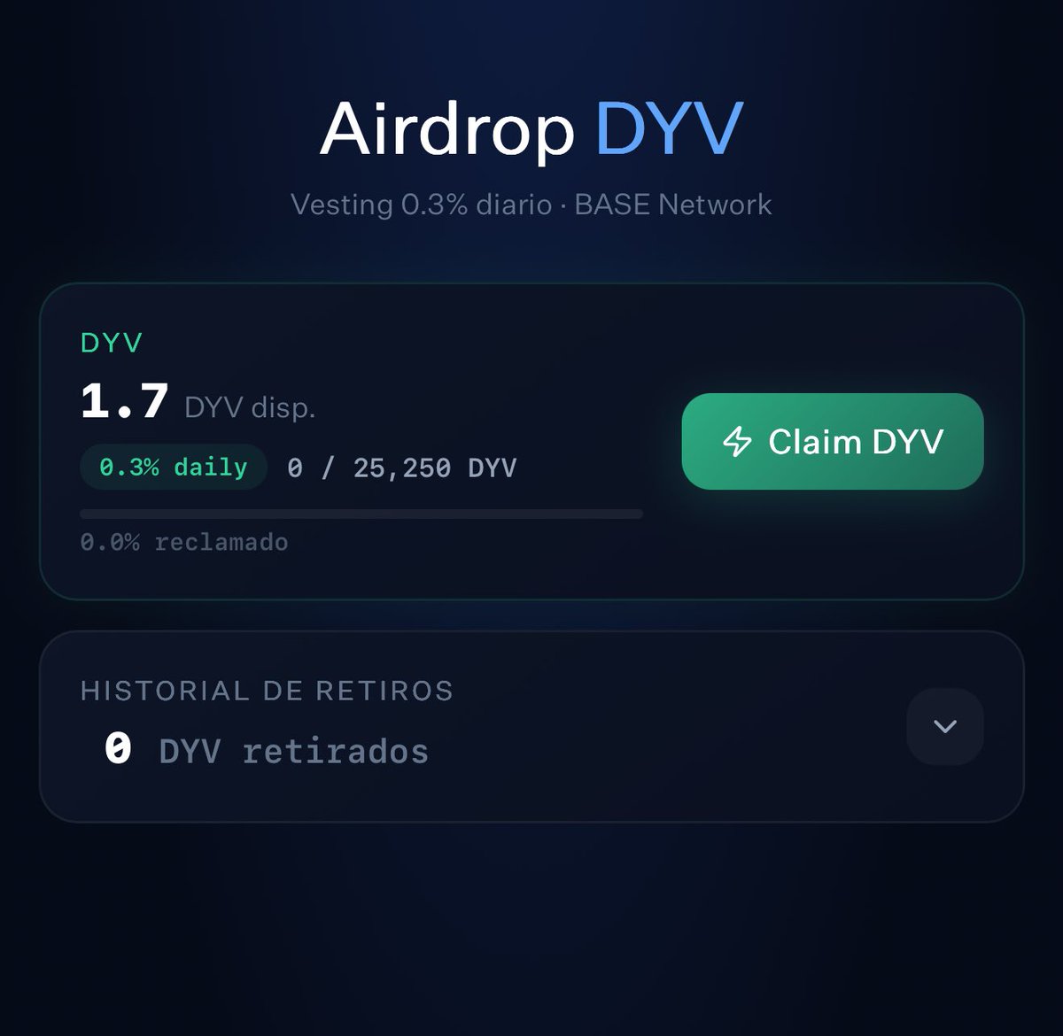 jhonatan_r92's tweet photo. 🚨Attention ZUUX Family

The DYV AirDrop claim is now available for the ZUUX community.

https://t.co/XhGOvD87Yb

Paste this link into your wallet's browser, connect your wallet, and start claiming 0.3% of your total daily allowance.

Just click "Claim DYV" whenever you want. https://t.co/qTkEaYx6T4