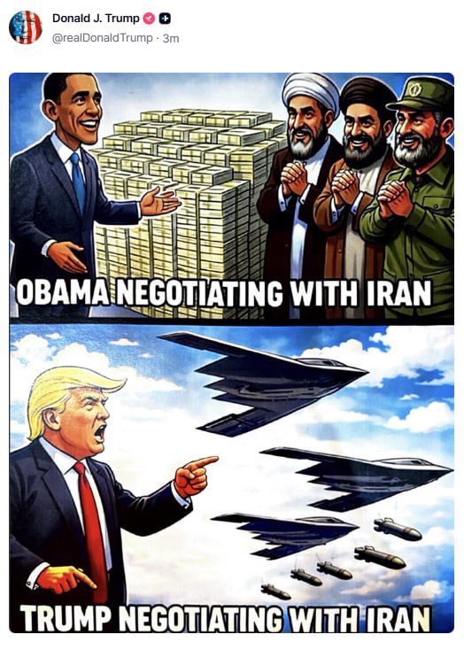🇺🇸🇮🇷 | El presidente de Estados Unidos, Donald J. Trump, publicó en Truth Social una imagen que compara su enfoque hacia Irán con el del expresidente Barack Obama.