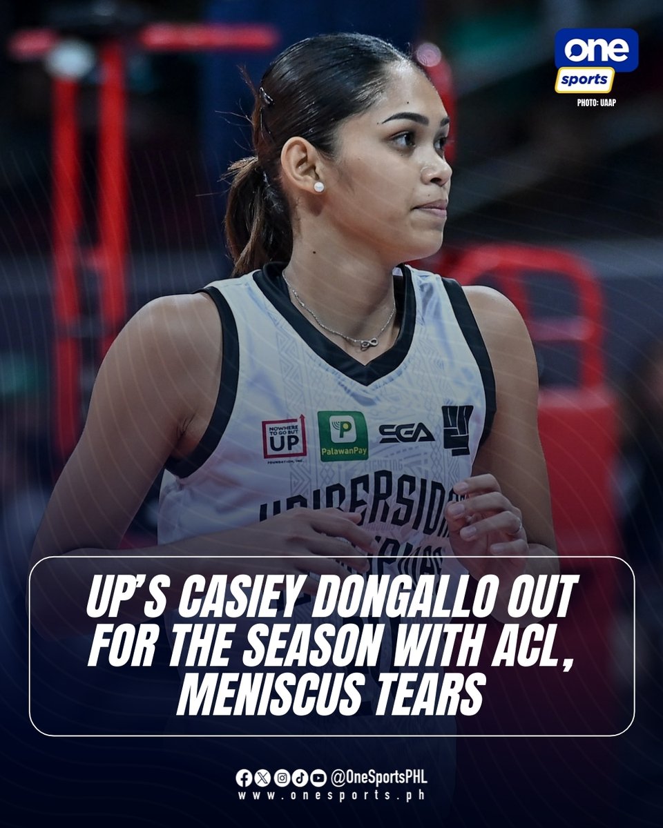 OneSportsPHL's tweet photo. COME BACK STRONGER, CASIEY ✊❤️‍🩹

UP’s Casiey Dongallo will miss the rest of the year after sustaining ACL and meniscus tears in her left knee following a bad landing during their first-round clash with FEU in the #UAAPSeason88 women’s volleyball tournament. https://t.co/i84kJJkRBs