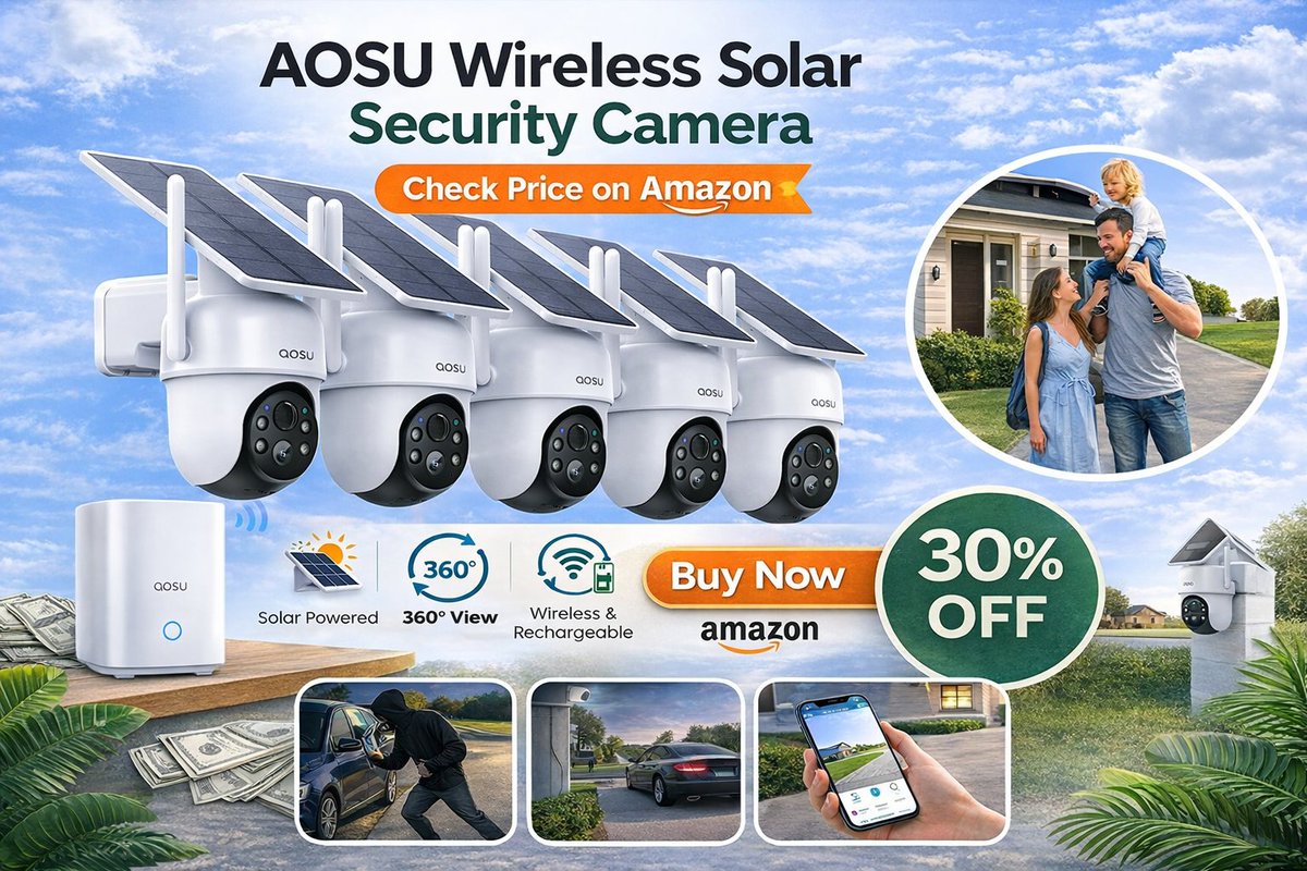 technohuntz's tweet photo. Sun-powered protection for your home ☀️📷
The AOSU Wireless Solar Security Camera keeps your smart home secure with clear video, motion alerts &amp; zero wiring. 🔒🏡

👉 Visit My Shop: https://t.co/bKWjEGvQSA

#AOSUSecurityCamera #HomeSecurity #SolarSecurityCamera #HomeSafety https://t.co/JvvXasixZQ
