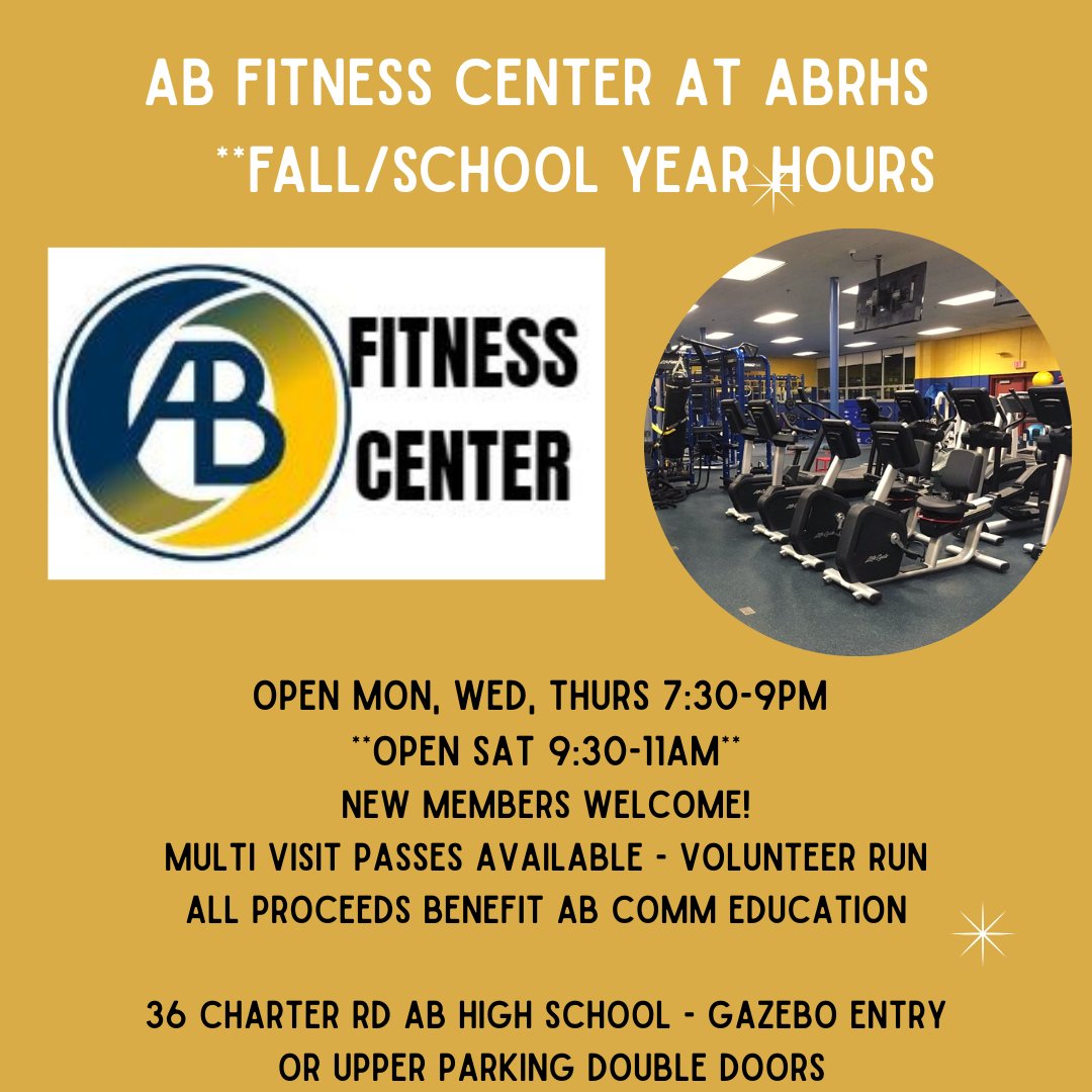ABFitnessCenter's tweet photo. The Acton Boxborough Fitness 🏋️🎽🧘at ABRHS is a fun, flexible community resource for adults & AB students age 16+.
No Joiner fees, discounted multi-visit punch cards (no expiry). New members Welcome, check in with a volunteer on duty!
#ABFitnessCenter #ActonMA #Boxborough https://t.co/cJ064RvBlx