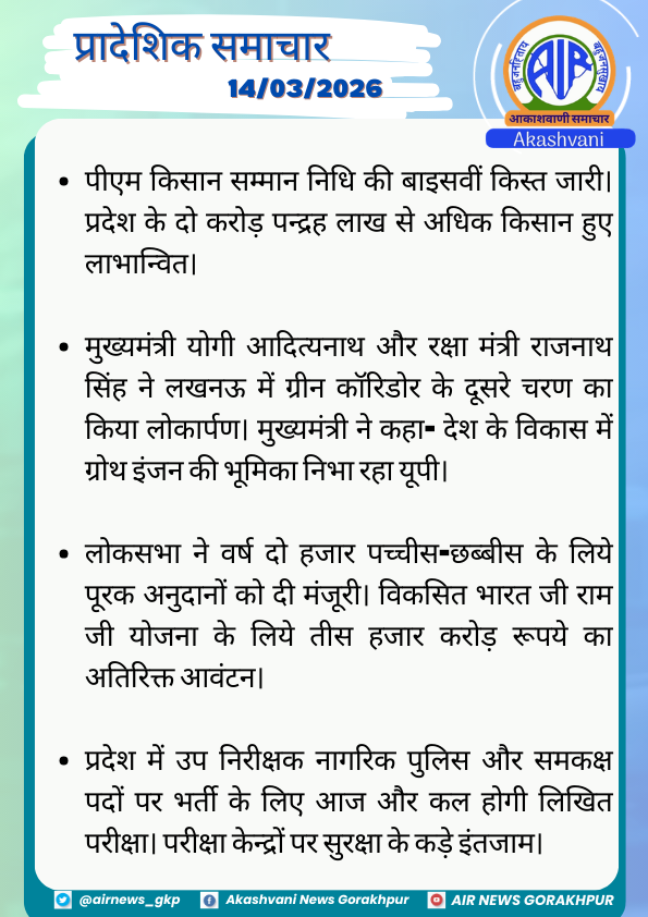 airnews_gkp's tweet image. प्रादेशिक समाचार (14.03.2026)

#PMModi #PMKisan #Lucknow #GreenCorridor #KisanSammanNidhi #DefenceMinister #DevelopmentProjects #uppolice #Exams