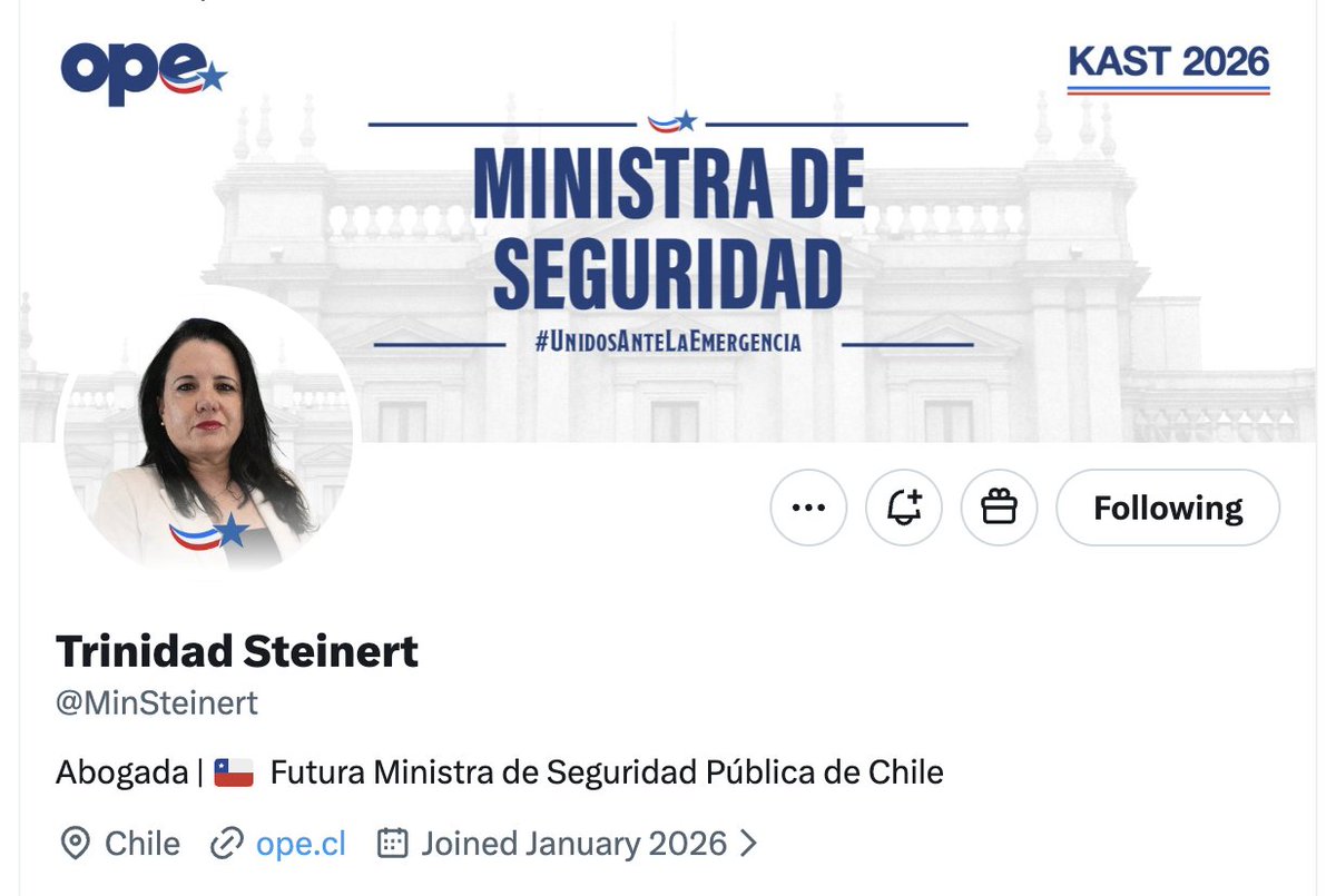 Cuenta oficial de la dama de hierro, la ministra de seguridad Trinidad Steinert <a href="/MinSteinert/">Trinidad Steinert</a> 

A seguirla