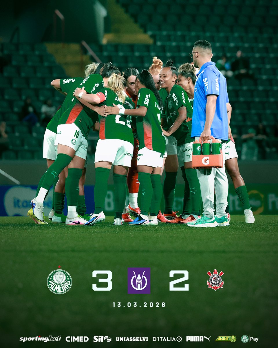 Palmeiras_FEM's tweet photo. O TIME DA VIRADA, O TIME DO AMOR! MAIS UMA VITÓRIA NO DERBY E 100% DE APROVEITAMENTO NO BRASILEIRÃO FEMININO! AVANTI, PALESTRINAS! 🟢⚪

🏆 Palmeiras 3x2 Corinthians
⚽ Fe Palermo, Raissa Bahia e Taina Maranhão.

#FimDeJogoSEP https://t.co/srVd9cXoxP