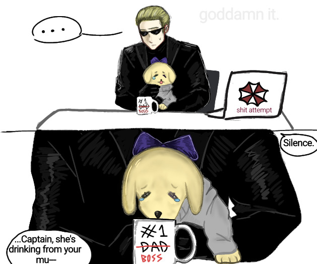 Fanart of Molly made by my friend Dolli. When she gave me these as a surprise I nearly wept. We talked about Molly being a puppy girl that's why she's dog-themed. Also we joked that Wesker's mug has vinegar in it.