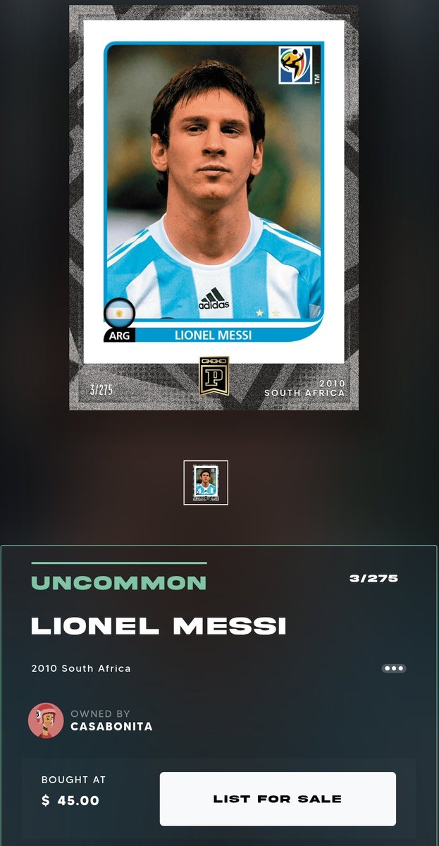 CasaBonitaCards's tweet photo. 🔥🏟🚀 Couple few low digit Lionel Messi pickups. A few low digit buys tonight . . . Slowly building . . .
#PaniniBlockchain #SportsNFT #DigitalCollectibles #NFTCards #BlockchainCards #SportsCards #CardCollectors #NFTCommunity #Web3Sports #FutureOfCollecting #AltCards #SportsInvesting
@PaniniAmerica @PaniniBlockchain @goldinco @Fanatics @darrenrovell @CardLadder @PWCCmarketplace @SportsCardRadio @cardpurchaser @CardHobby @solana @MagicEden