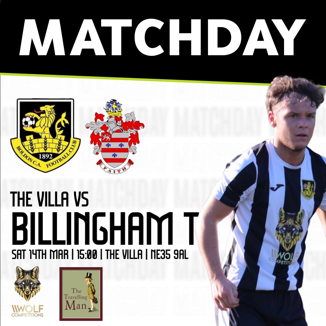 We take on Billingham Town, for the 2nd time this week👀

🆚 <a href="/BillinghamTown/">Billingham Town FC</a>
🏟️ The Villa | NE35 9AL
🕒 15:00 KO
🎟️ £6 | £3
🤝 Wolf Competitions | The Travelling Man

#BOLvBIL | #BoldonCA