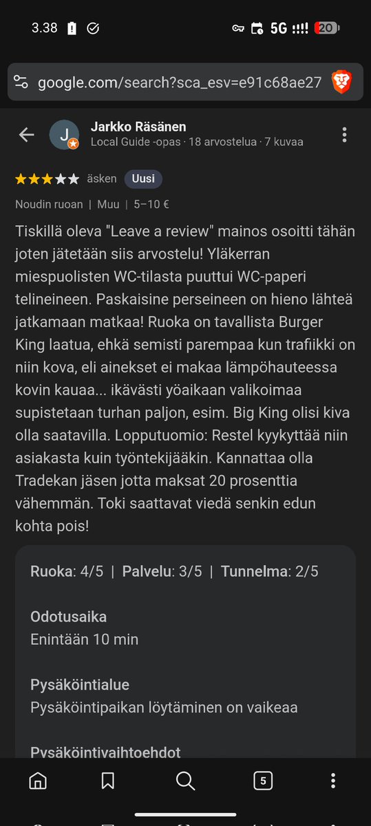 JarkkoRx's tweet photo. Google Maps rajoittaa sananvapautta arvosteluissaan. Tekstini ei loukkaa ketään vaan kuvailee todellisuutta realistisesti. @BurgerKing (Restel eikä Tradeka ole enää läsnä tässä palvelussa, mikä on aika harmillista kansalaiskeskustelun pakoilua) @googlemaps https://t.co/S1Xj61cVSt