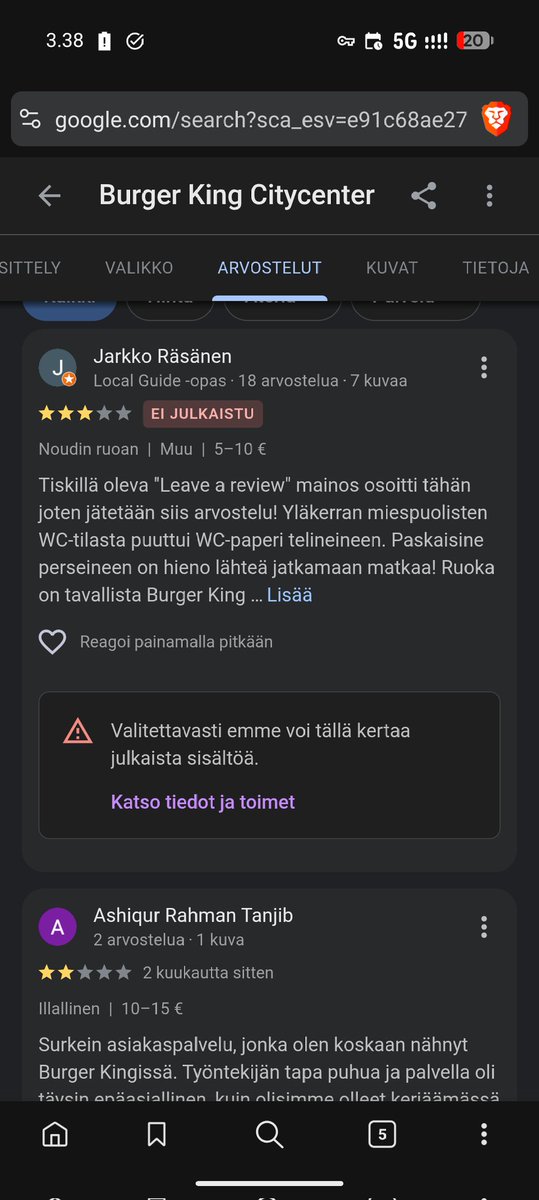 JarkkoRx's tweet photo. Google Maps rajoittaa sananvapautta arvosteluissaan. Tekstini ei loukkaa ketään vaan kuvailee todellisuutta realistisesti. @BurgerKing (Restel eikä Tradeka ole enää läsnä tässä palvelussa, mikä on aika harmillista kansalaiskeskustelun pakoilua) @googlemaps https://t.co/S1Xj61cVSt