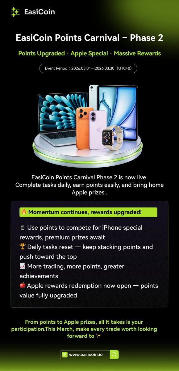 GM, EasiCoin fam! ☀️✨  

Unlimited points, endless rewards — grab your Apple goodies! 🍎📱  

Happy Saturday, trade smart, stack easy gains! 🚀💰  

#EasiCoin #GM #CryptoWeekend