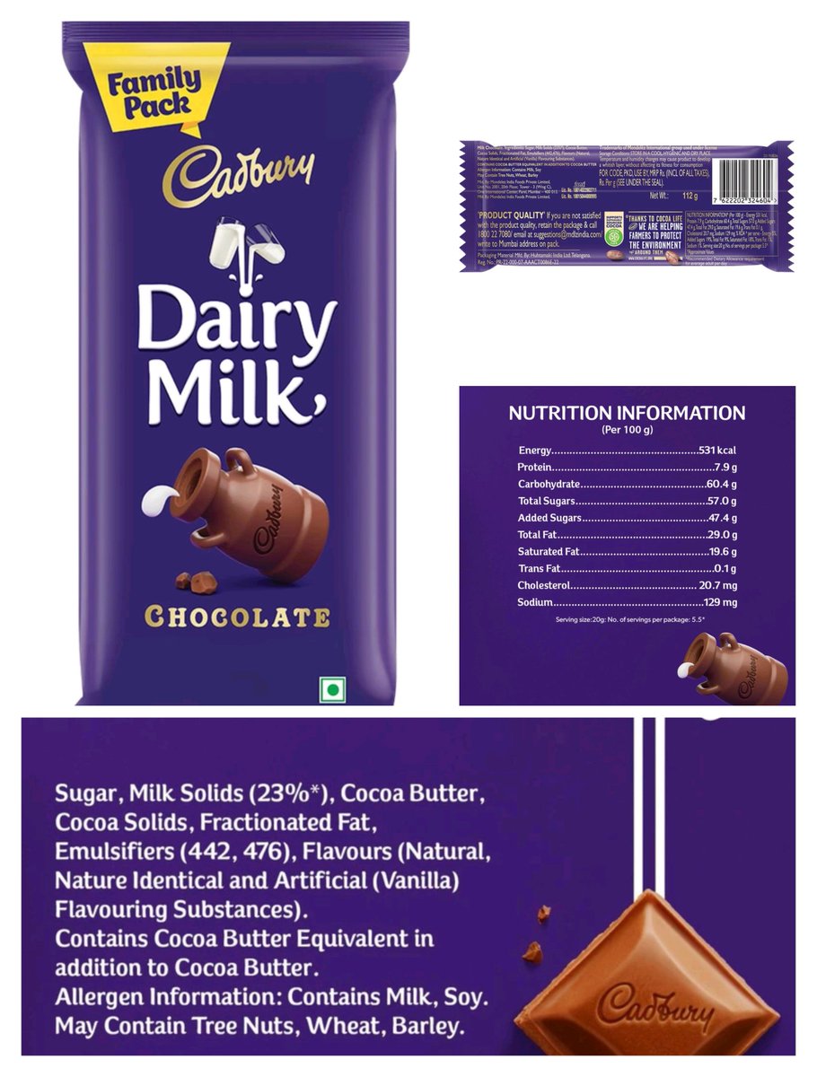 aayush_raj07's tweet image. The front says "Dairy Milk," but the back shows the reality:
🚫 57% of this bar is sugar.
🚫 Contains "Fractionated Vegetable Fat."
🚫 One serving is only 2 squares.
​Don't buy the marketing—read the label. 🔍📊
​#FoodAwareness #Health #HiddenSugar #Cadbury #RealityCheck