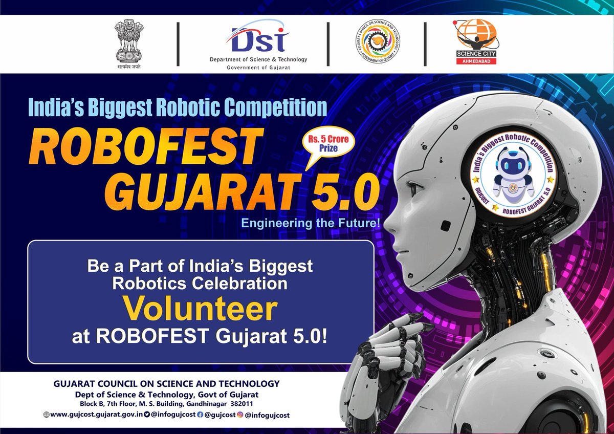 robotics4india's tweet photo. Be a part of #India’s biggest #robotics celebration by @InfoGujcost, @dstGujarat ! 

#Volunteer at the #ROBOFEST Gujarat 5.0 #GrandFinale at Gujarat Science City, Ahmedabad @GujScienceCity from 20–23 March 2026.  

#robotics https://t.co/Yf5uzgOi33