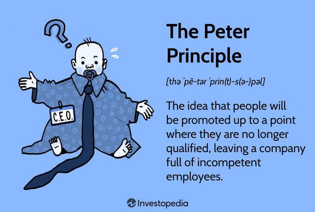 อันนี้เป็นบั๊กของสังคม corporate มีหลักชื่อ Peter Principle ที่บอกว่า คนเราจะได้โปรโมตไปจนถึงตำแหน่งที่เกินความสามารถ ทำให้สุดท้ายบ. จะเหลือแต่คนที่ไม่เก่งพอกับตำแหน่งงาน (คือคนเก่ง จะอยู่ที่เดิมไปเรื่อยๆ บ. ก็ไม่ค่อยจะให้อยู่)