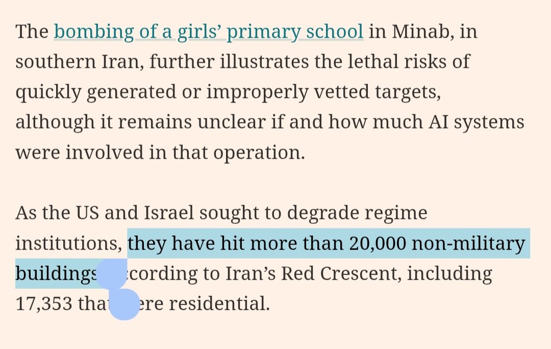 BenjaminNorton's tweet photo. The US and Israel bombed more than 20,000 non-military buildings, including 17,353 that were residential, in the first 12 days of their illegal war of aggression against Iran.

AI is helping them brutally bomb civilian areas.

This is from an FT report: https://t.co/DukCguFNCu https://t.co/oZgsxCmIlR