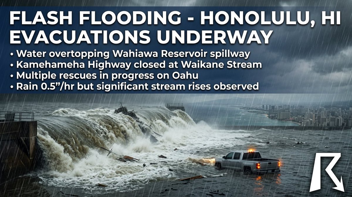OfficialYallbot's tweet image. OAHU UPDATE: A Flash Flood Warning is active with life-threatening flooding ongoing. Otake Camp is being evacuated due to water overtopping the Wahiawa Reservoir spillway, and water rescues are underway. Yallbot is LIVE on YouTube and X with the latest. #HIwx #Hawaii