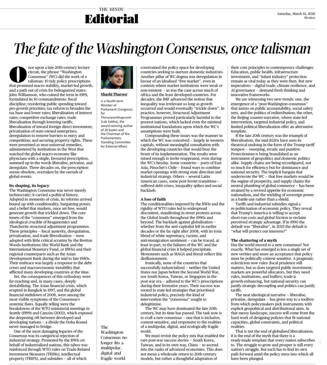 ShashiTharoor's tweet photo. In @the_hindu, I write the obituary of the “#WashingtonConsensus”, the once-consensual tidy talisman of ten economic commandments that could be summed up in the mantra “liberalise, privatise, deregulate”. I explain why the world has moved on, and make the case for context-specific growth: