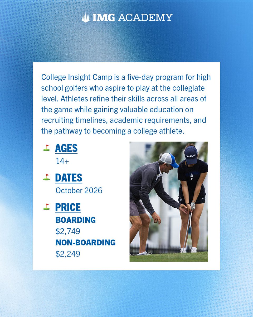IMGAGolf's tweet photo. 🏌️‍♂️ Got college golf dreams? Let’s get to work.

College Insight Camp helps high school golfers sharpen their game while learning the recruiting process, academic requirements, and what it takes to compete at the next level.

Visit the link to learn more 🔗 https://t.co/ZkuDQX0Iml https://t.co/uQJBQc7am8