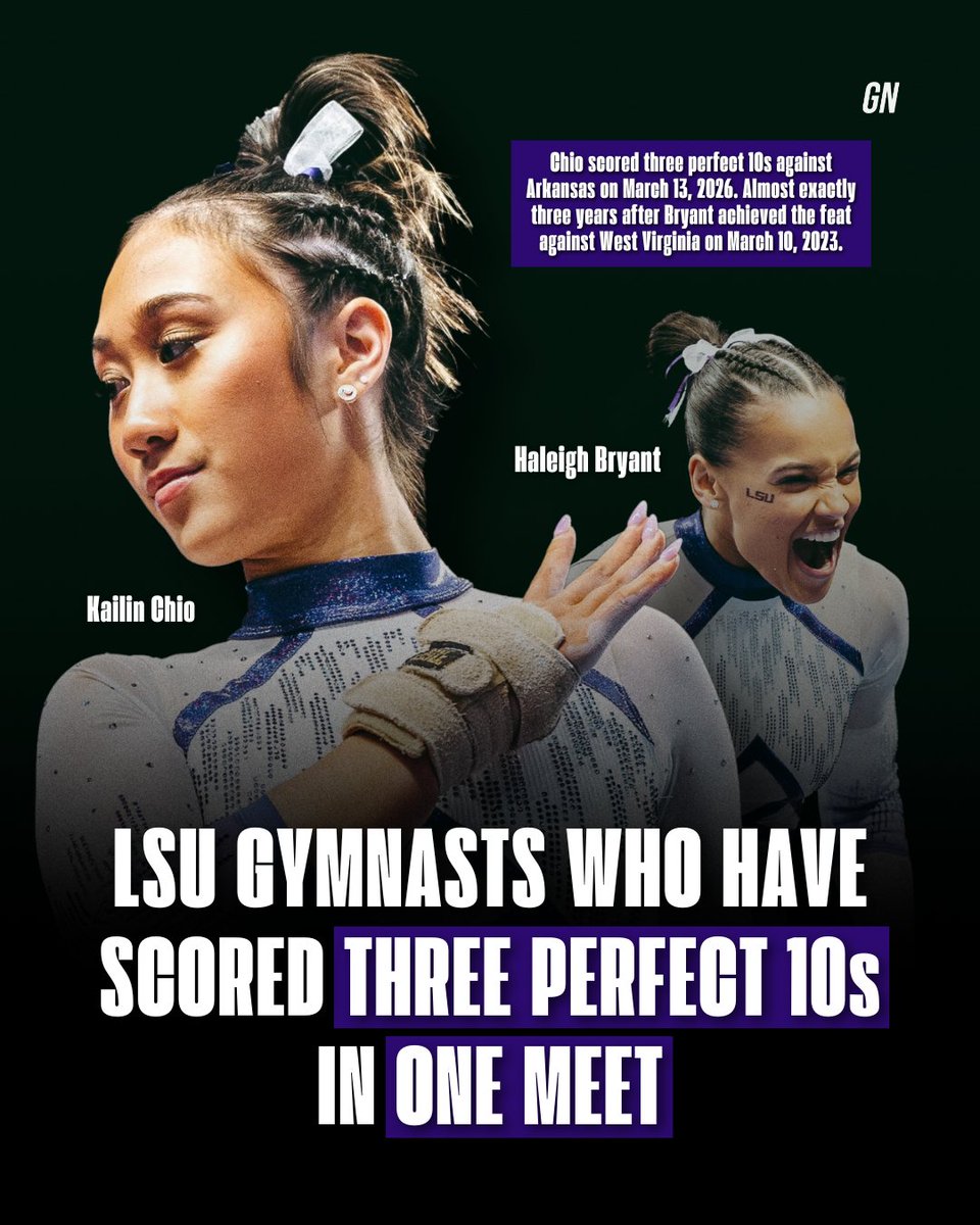 Gymnastics_Now's tweet photo. History repeating in Baton Rouge ✨

Kailin Chio scored three perfect 10s against Arkansas tonight – almost exactly three years after Haleigh Bryant accomplished the same feat against West Virginia on March 10, 2023.

Two LSU greats. One rare accomplishment. 🐯💜💛

#NCAAgym https://t.co/tH4RvjPROB