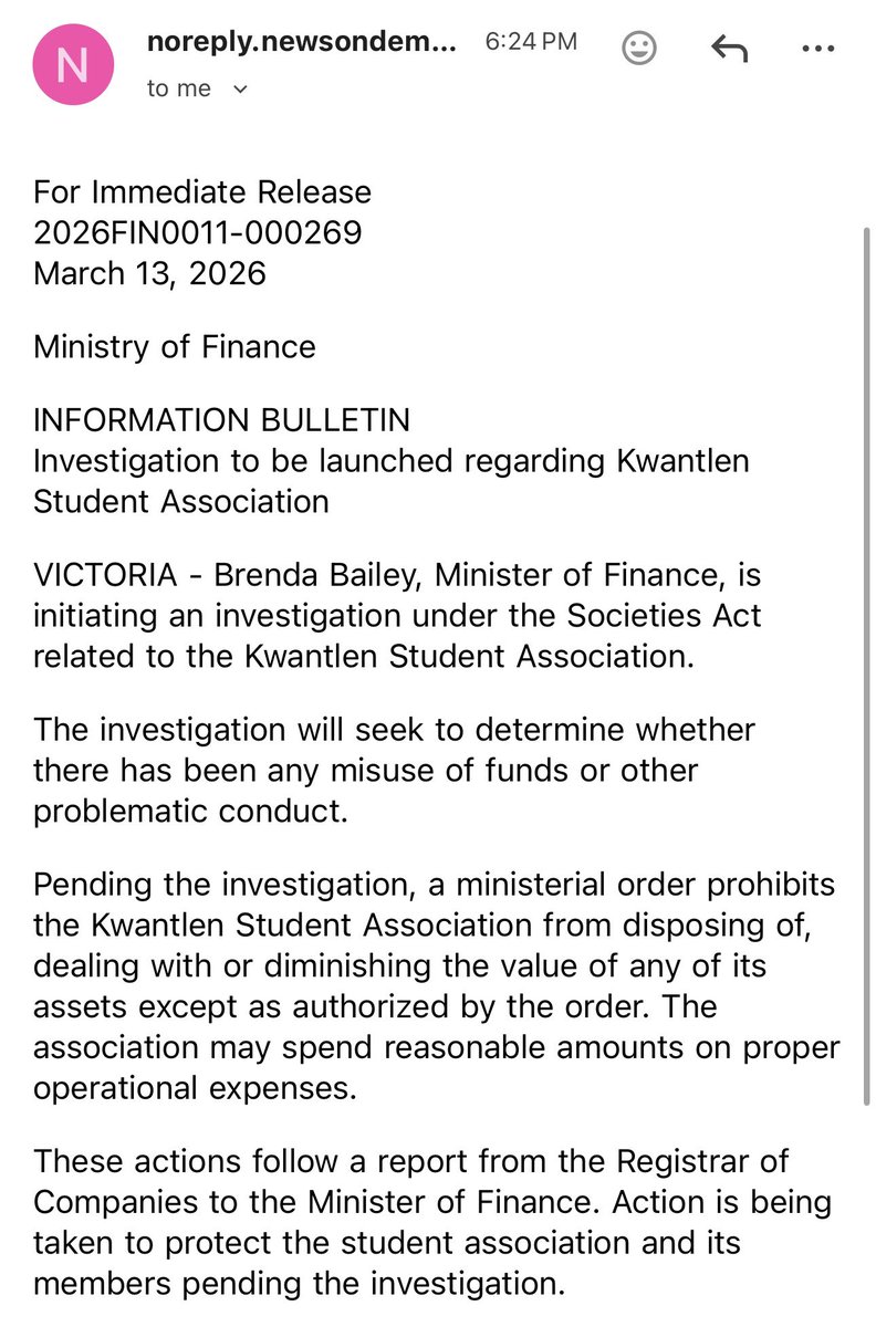 bobmackin's tweet image. A 6:24 pm announcement on a Friday.
Allegations of corruption in the Kwantlen Student Association under investigation. This is tip of the iceberg.
Stanley Tromp has a thick file on student politician malfeasance across the college/university sector. #bced #bcpoli #cdnfoi