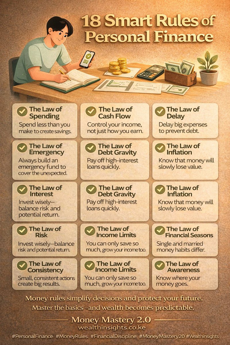 Maertink2's tweet image. Money rules simplify decisions and protect your future.
Master the basics—and wealth becomes predictable.

#PersonalFinance #MoneyRules #FinancialDiscipline #MoneyMastery20 #WealthInsights