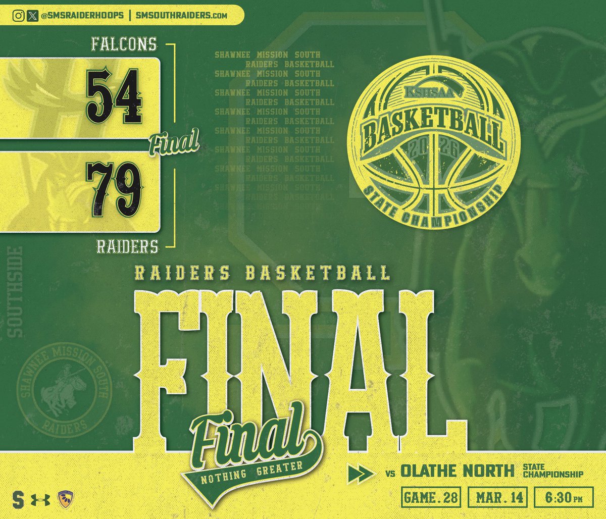 SMSRaiderHoops's tweet photo. 🚨ON TO THE ‘SHIP‼️
Game.27 (26-1) 
FALCONS5️⃣4️⃣
RAIDERS7️⃣9️⃣ Final
SMS : Kerrigan-20, DeBaun-19, Davis-12, Allen-11, T.Burns-11, McKenna-4, Garcia-2
#NothingGreater🔰#Southside
🔜 3/14 KSHSAA 6A State Championship
@ 6:30pm vs Olathe North @ Koch Arena https://t.co/GwBIwdf7Sb