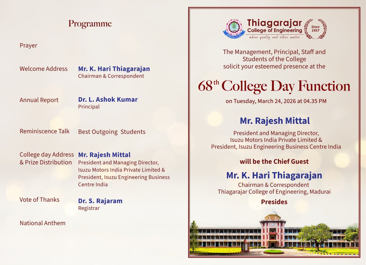 tceofficialpage's tweet photo. 🎓68th College Day Function | TCE
📅Mar 24, 2026 |⏰4:35 PM
📍 Karumuttu Kannan Auditorium, TCE
🎙 Chief Guest: Rajesh Mittal, Isuzu Motors India
Join us to celebrate achievements, best outgoing students &amp; academic excellence.
#TCE #68thCollegeDay #CollegeDay #StudentAchievements https://t.co/KuRCtncLzi