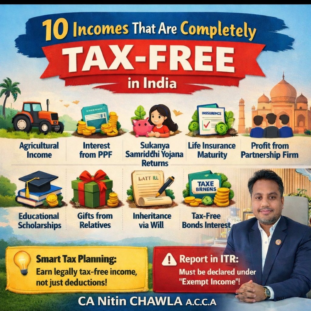CANITINCHAWLA's tweet image. 10 Incomes That Are Completely Tax Free in India ...

Smart Tax Planning &amp;amp; Reported in ITR .

Follow the Tax Talk with CA Nitin Chawla A.C.C.A channel on WhatsApp: 👇🔥👇🔥 whatsapp.com/channel/0029Vb…

#TaxUpdates
#IncomeTax
#Taxation
#ITR