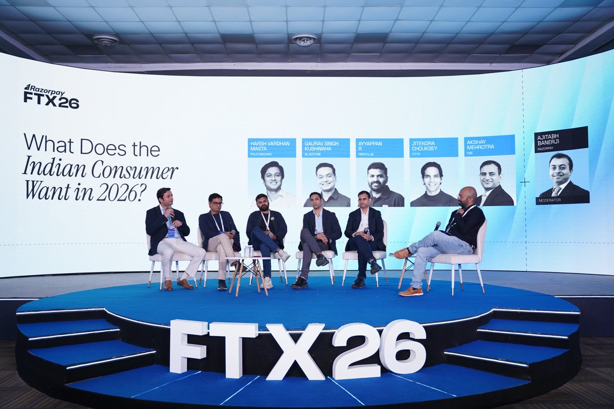 Razorpay's tweet photo. The Indian consumer is evolving faster than ever!

At FTX26, @mastaharsh (Policybazaar), @gskush79 (Bluestone), @ayyappsraj (FirstClub), Jitendra Chouksey (FITTR) and Akshay Mehrotra (Fibe) joined Ajitabh Banerji from Razorpay to unpack what today’s consumers expect from brands in 2026, from convenience and speed to trust and seamless digital experiences.

Here’s a glimpse from the panel.

#RazorpayFTX26