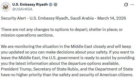 ITGGlobal's tweet image. The US Embassy in Saudi Arabia warns American citizens to shelter in place or follow local guidance amid ongoing tensions in the Middle East. The Embassy is closely monitoring the situation and prioritizes the safety and security of U.S. nationals.

#USEmbassy #Riyadh