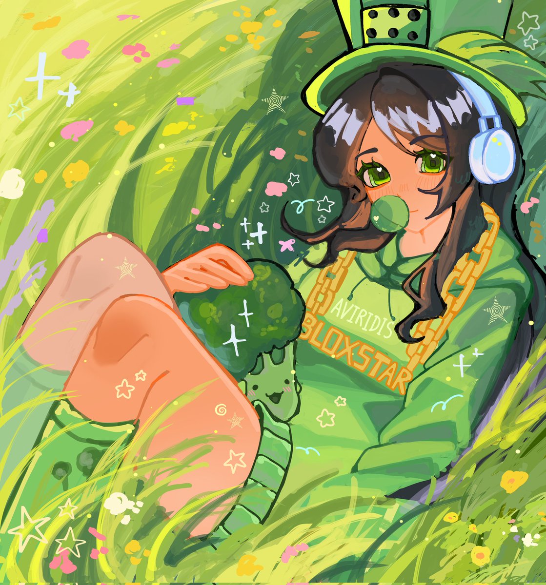 The Avatar is so green and fun to draw skskskkssk I HAD TO GO WITH A GRASSY WILDFLOWER BG!! she even has her Lil broccoli guy with her :3 #aviridisartcontest2026 <a href="/AviridisTweets/">Aviridis🥦</a>