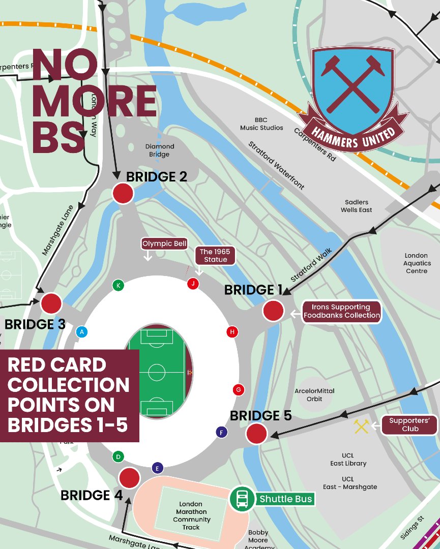 Ensure you have collected your red card from one of the volunteers on bridges 1 - 5 prior to the game. Collection points are highlighted on the map below. #NoMoreBS #COYI #WHUFC