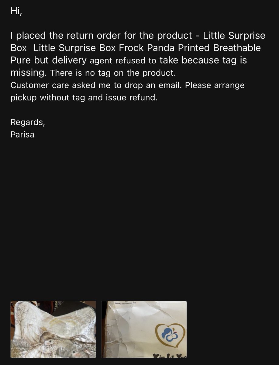 DarParisa's tweet photo. @nykaafashion why bother provide a return option for your products when  u dont want it. Your delivery agent refuses to take return without tag! There is NO tag provided with the product. It has been more than a week - multiple chats, multiple calls and an email. Scammers! https://t.co/LwllaUu2Ru