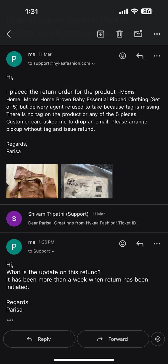 DarParisa's tweet photo. @nykaafashion why bother provide a return option for your products when  u dont want it. Your delivery agent refuses to take return without tag! There is NO tag provided with the product. It has been more than a week - multiple chats, multiple calls and an email. Scammers! https://t.co/LwllaUu2Ru