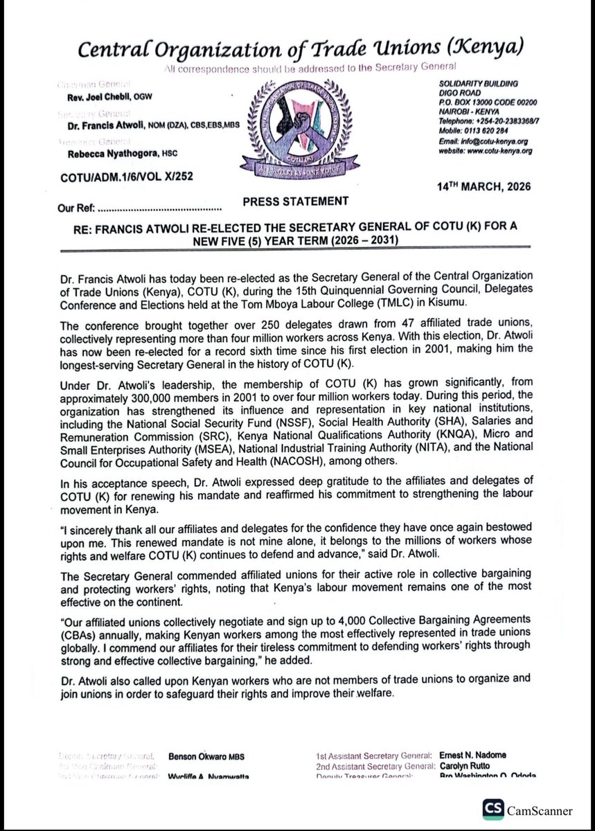 COTU_K's tweet photo. COTU (K) Secretary General, Dr. Francis Atwoli, re-elected as the Secretary General of COTU (K). https://t.co/3Wmh2ehuJy
