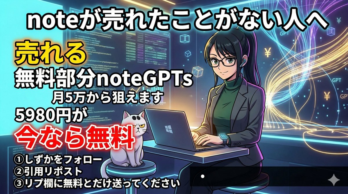 ーーーーーーーーーーーーー
 🎁48時間限定🎁
ーーーーーーーーーーーーー
noteが売れない人へ。
原因は本文ではなく、
無料部分かもしれません。
テーマと読者を入れるだけで
売れる無料部分を設計する
GPTsを5,980円のところ
無料配布します。
うまく使えば
月5万円を目指せます。