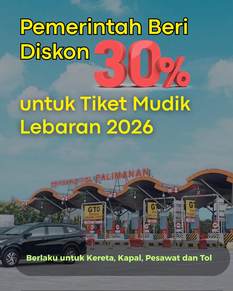 edwinbastian_'s tweet image. Mudik 2026 makin asik karena ada diskon 30 persen buat tiket kereta sampai tol. Fix jangan sampai kehabisan promonya ya biar dompet aman pas lebaran nanti. #Mudik2026 #InfoLebaran #DiskonMudik