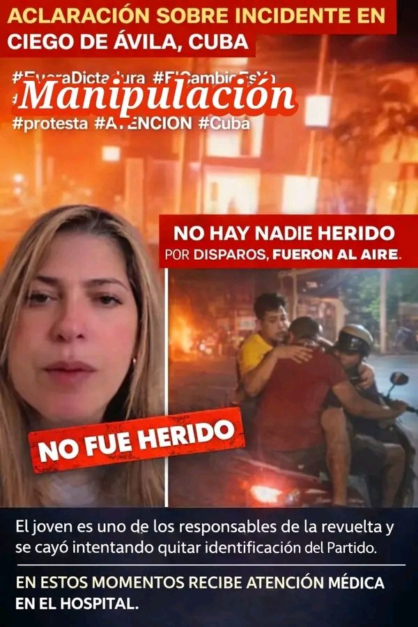 🔥🇨🇺 Ciego de Ávila en calma, pese a la manipulación. Se ha difundido la mentira de que un niño recibió un disparo. La verdad es clara: no hubo heridos por arma de fuego. Los disparos fueron al aire para dispersar la revuelta. 
Abro hilo 🧵👇
