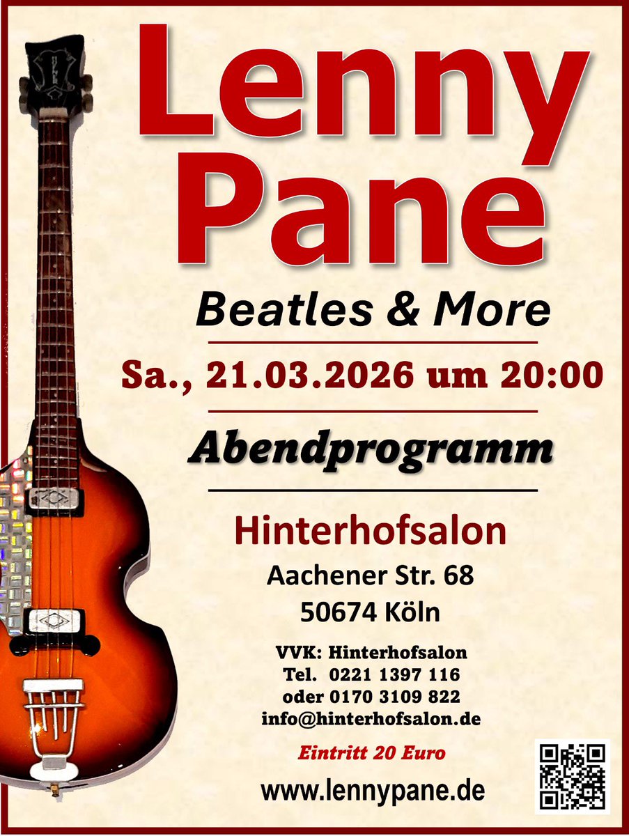 ThomasWimmer's tweet photo. Am 21.03.26 spielen wir als „Lenny Pane“ Beatles &amp; More ab 20:00 Uhr im Hinterhofsalon in Köln. Tickets über Eventim und an der Abendkasse verfügbar! 😎🎸

#lennypane #hinterhofsalon #köln #thomaswimmer #auftritt https://t.co/JD5aR5m0g5