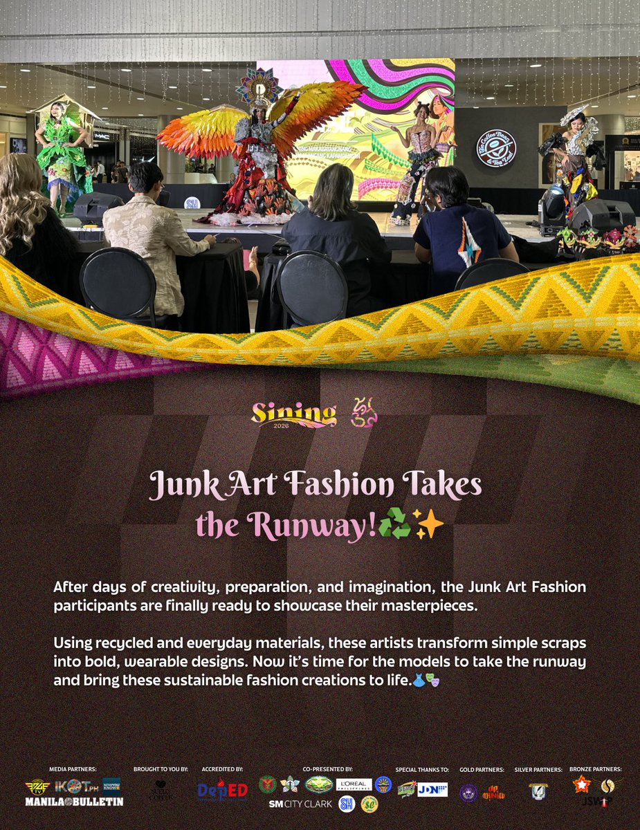 upaguman's tweet photo. Junk Art Fashion Takes the Runway!♻️✨

The Junk Art Fashion participants are finally ready to showcase their masterpieces. Using recycled and everyday materials, these artists transform simple scraps into bold, wearable designs.🎭

#Sining2026
#Aguman52 https://t.co/DZHzxjOmqs