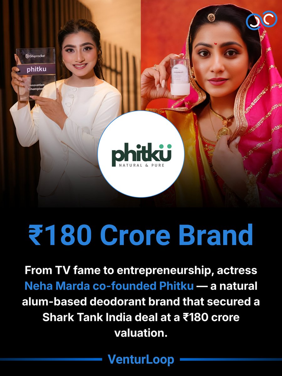 VenturLoop's tweet photo. From TV to startups, Neha Marda co-founded Phitku — a natural deodorant brand built on fitkari (alum).
After pitching on Shark Tank India, the brand reached a ₹180 Cr valuation.
Ideas + execution build companies.
VenturLoop — where founders connect and build. https://t.co/DSyst2B53Q